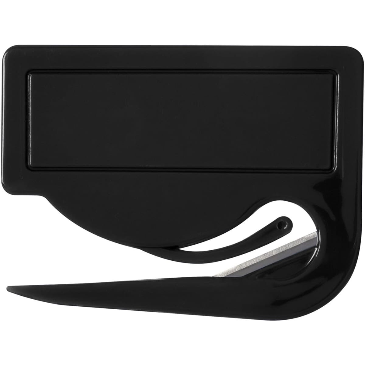 A black letter opener with a sleek design and an integrated blade for cutting envelopes.