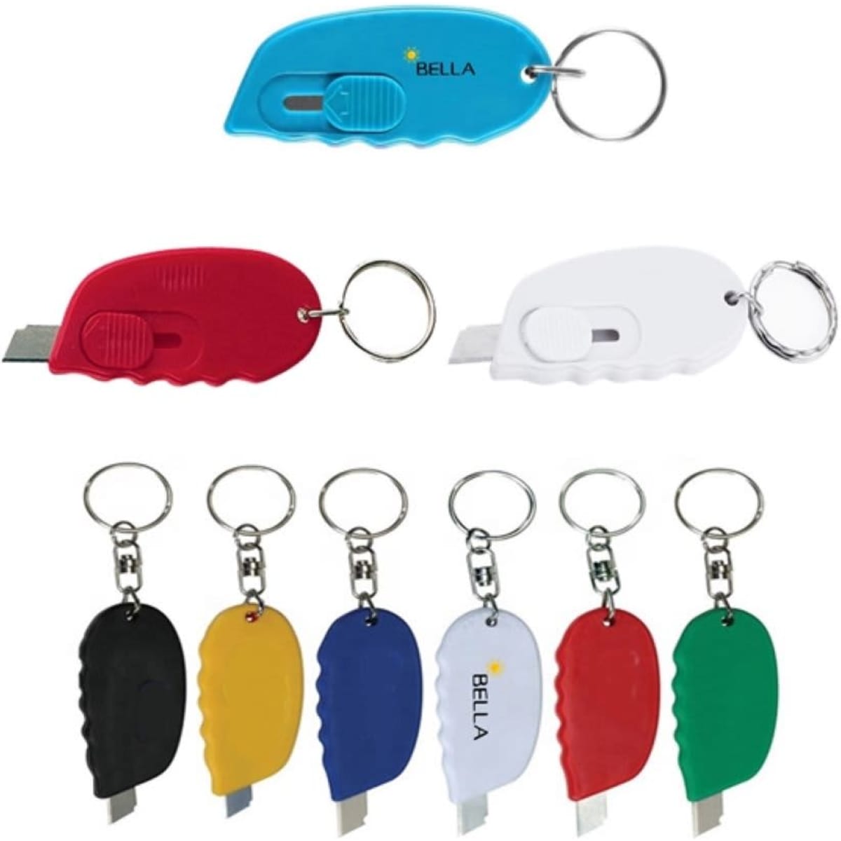 A keyring with a mini blade in blue, red, white, yellow, and green colours, featuring a logo.