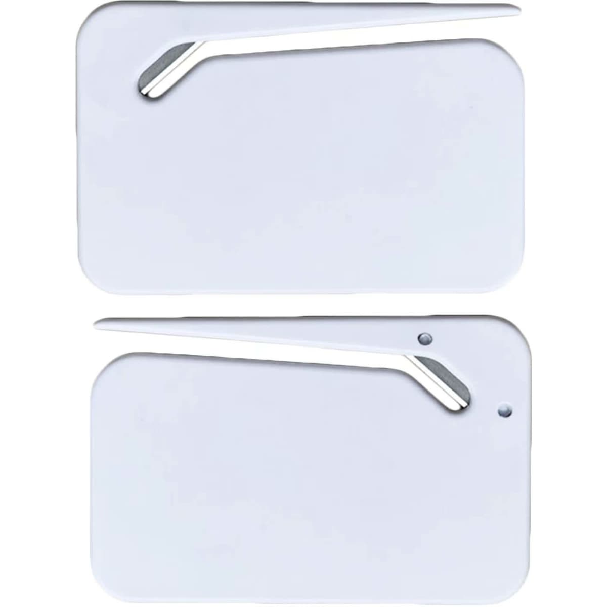 A white letter opener with a sleek design and a silver accent, featuring a logo on one side.