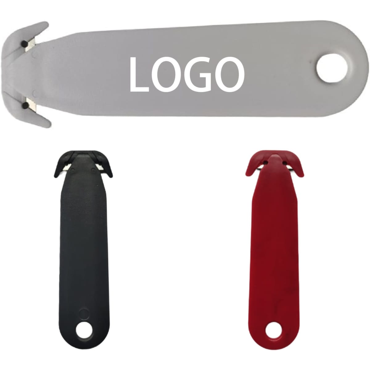 A safety box cutter knife in grey, black, and red, featuring a logo on the grey handle.