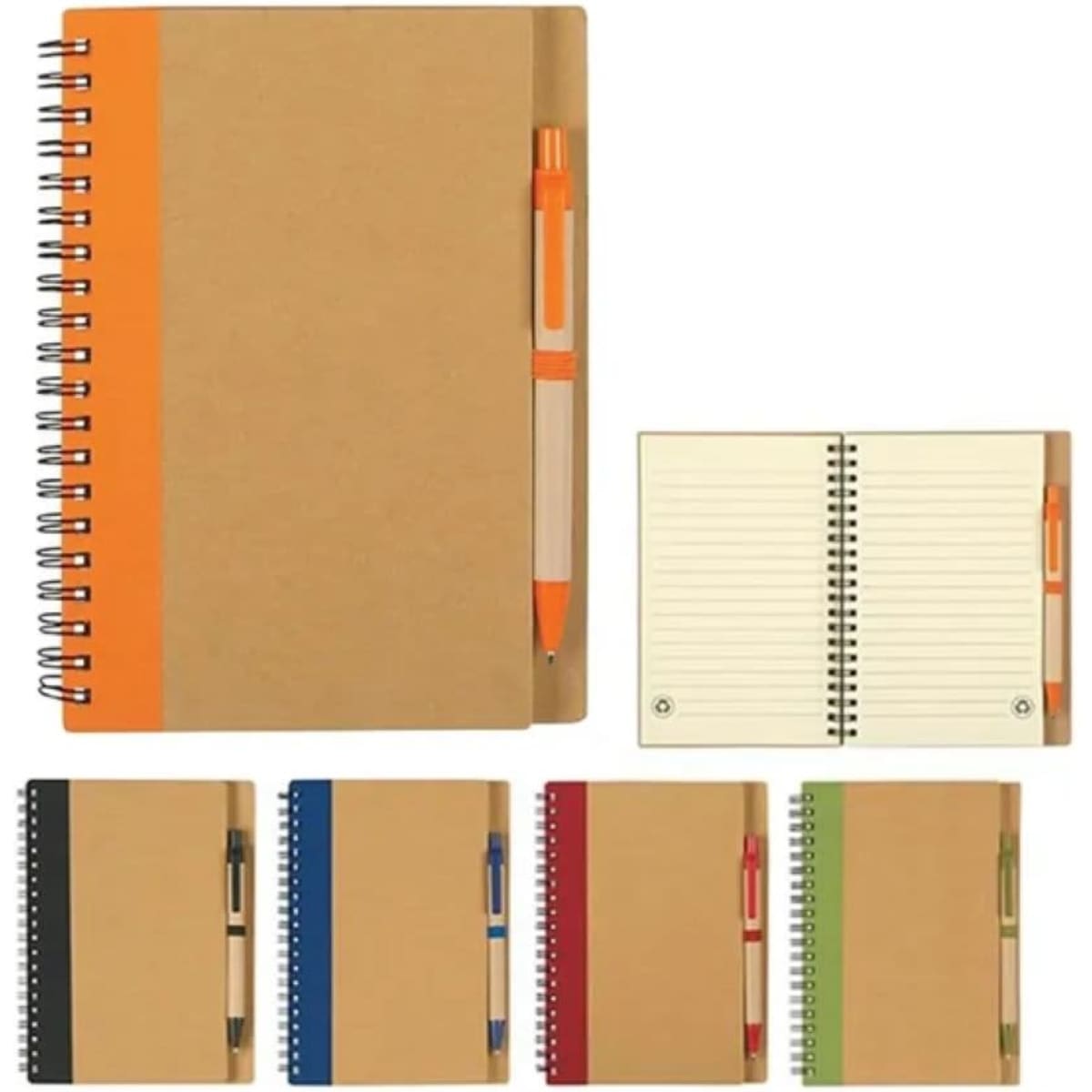 A notebook with a pen attached, featuring multiple colour options including orange, navy, red, green, and classic brown.