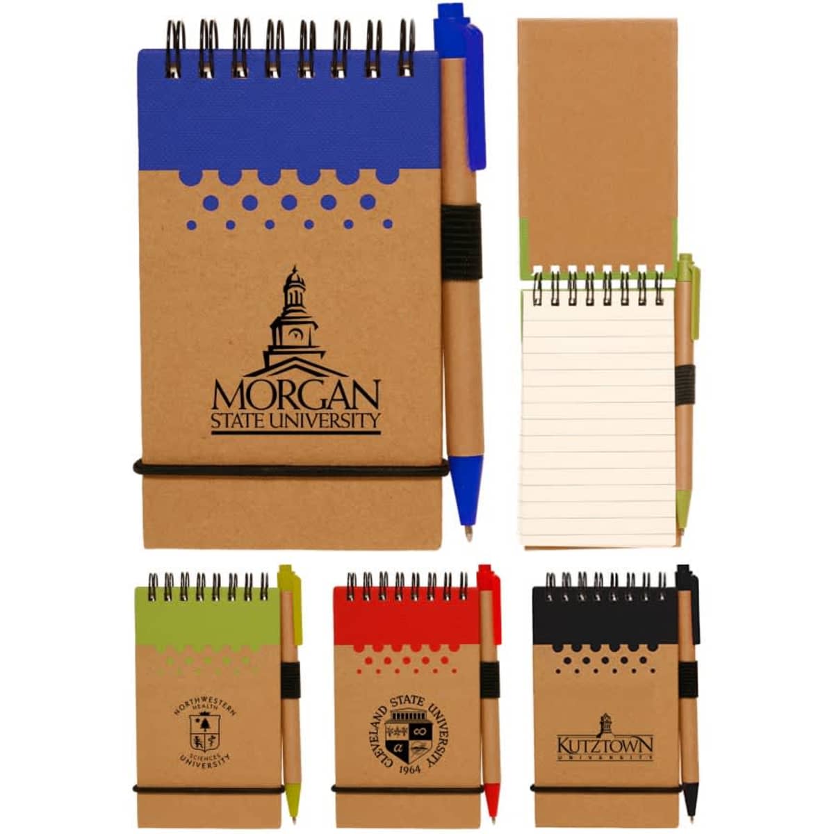 A spiral notebook with a pen, featuring various colours and a logo, plus an additional notepad.