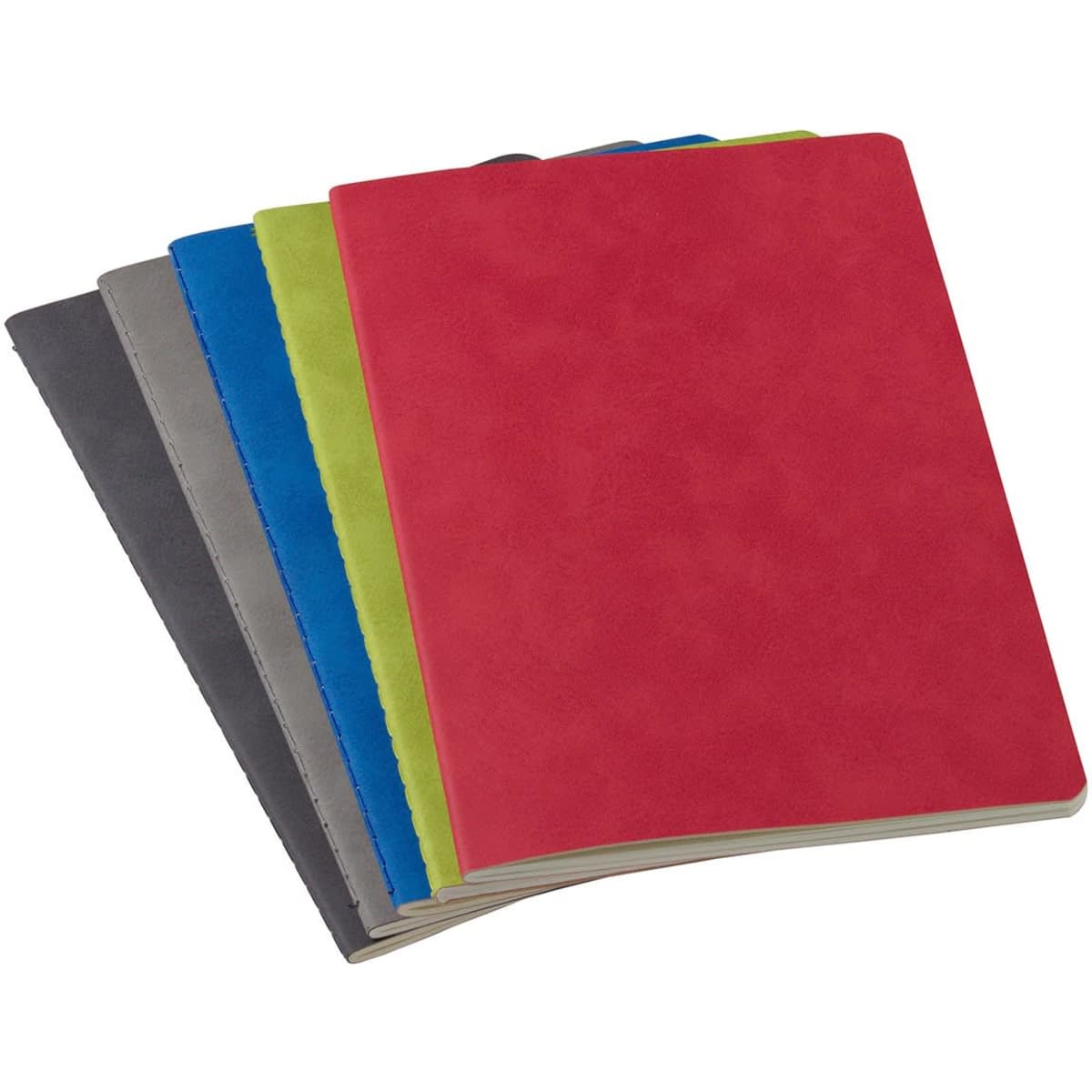 A range of soft cover notebooks in red, grey, blue, green, and black with a logo on the front.