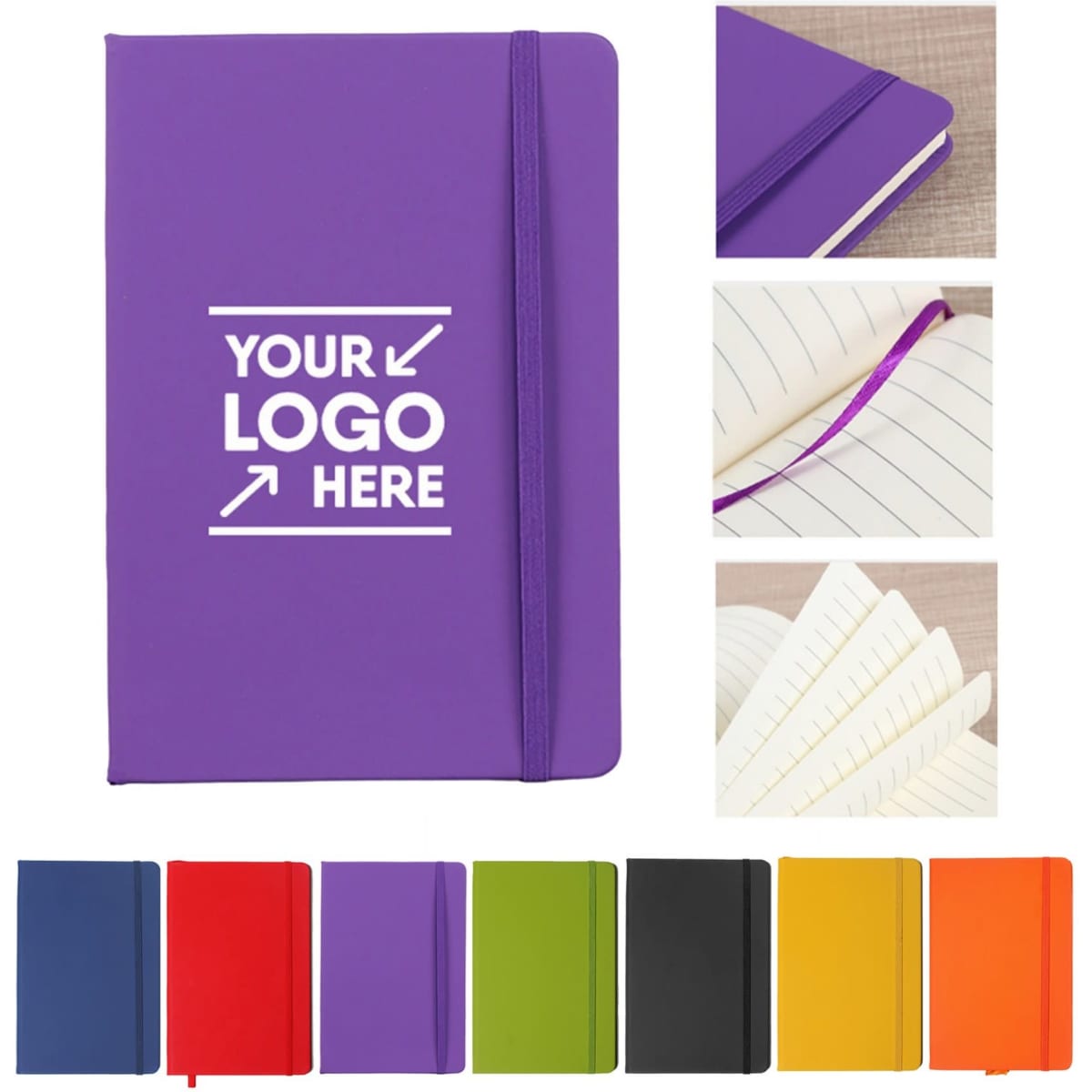A purple notebook with an elastic band and a logo area, alongside samples of various coloured notebooks.