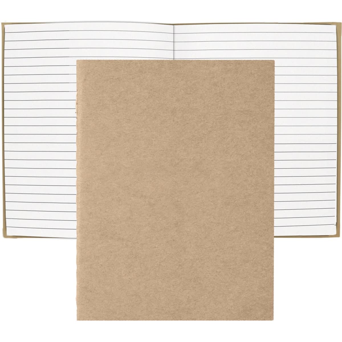 A Kraft notebook with a plain brown cover and lined pages inside, featuring a simple design and a logo.