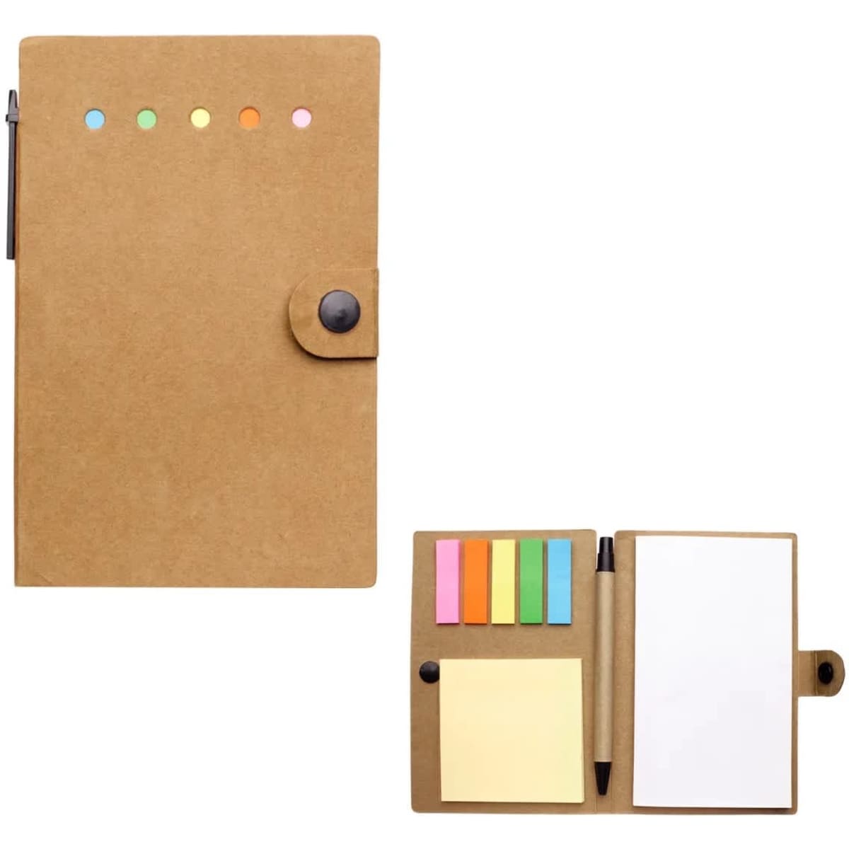 A tan journal with sticky notes, flags, and a black pen, featuring a button closure and a minimalist design.