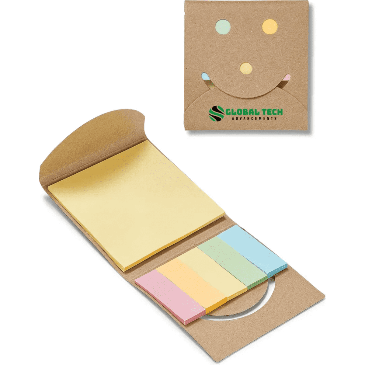 A smiley face sticky note pad in a brown kraft cover featuring yellow, pink, blue, and green sticky notes. Includes a logo.
