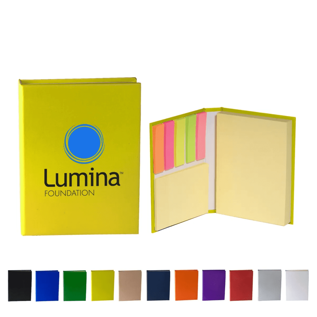 A bright yellow sticky note pad with multiple colourful flags and a logo inside. Various colours are shown below.