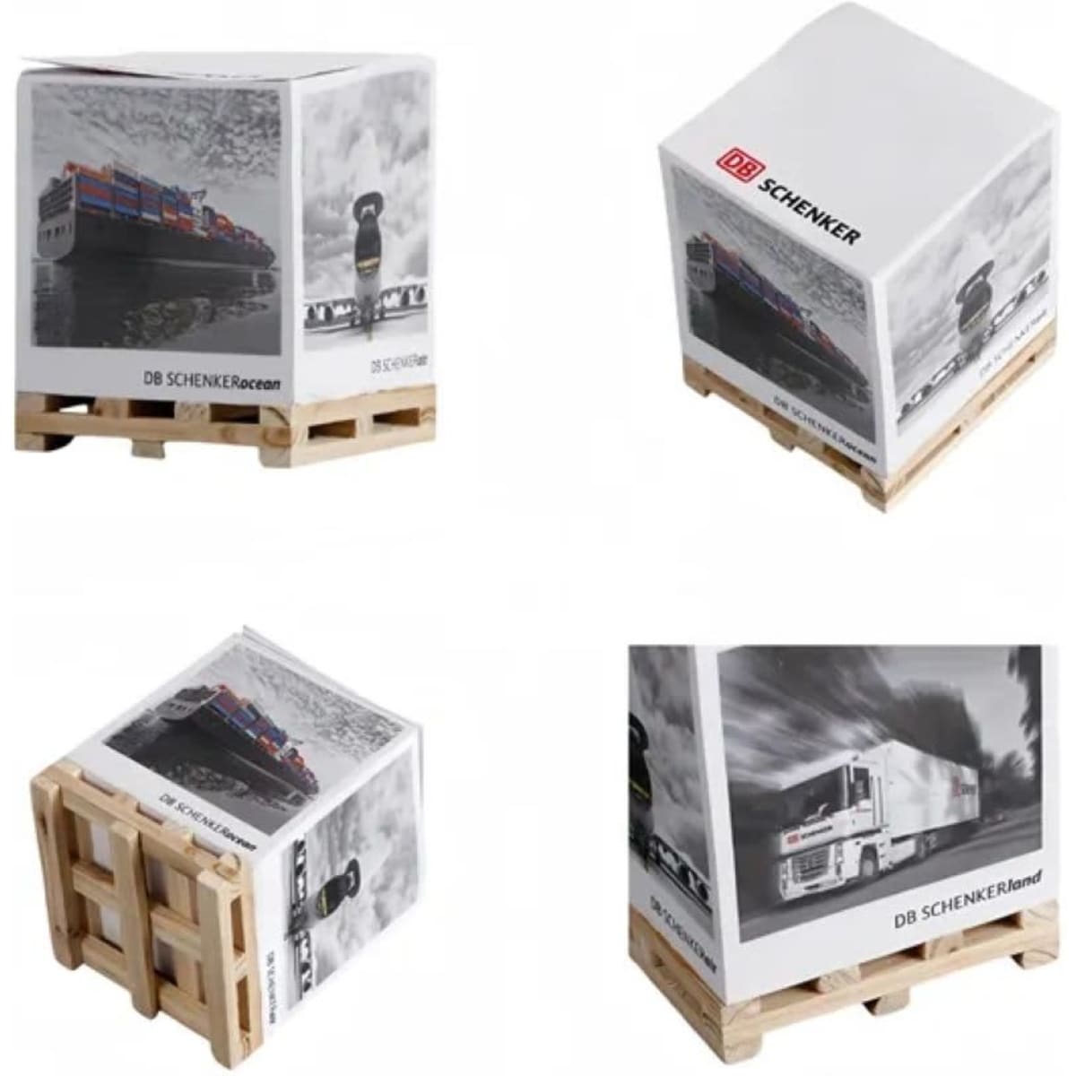 A cube of sticky notes sits on a wooden pallet, featuring a multicoloured design and branding on all sides.
