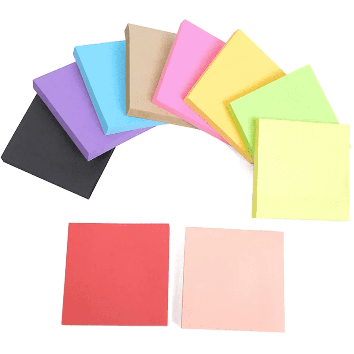 A collection of sticky note pads in various colours, including pink, yellow, green, blue, purple, black, and red.