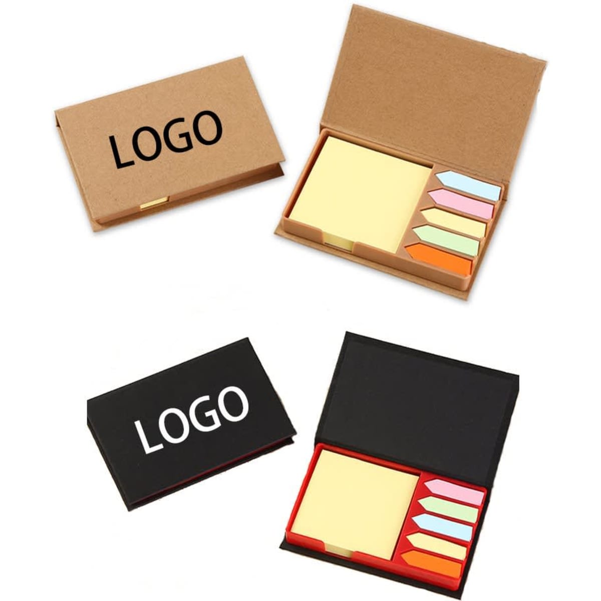 A memo case with sticky notes and flags in two colours: brown and black, featuring logo branding.