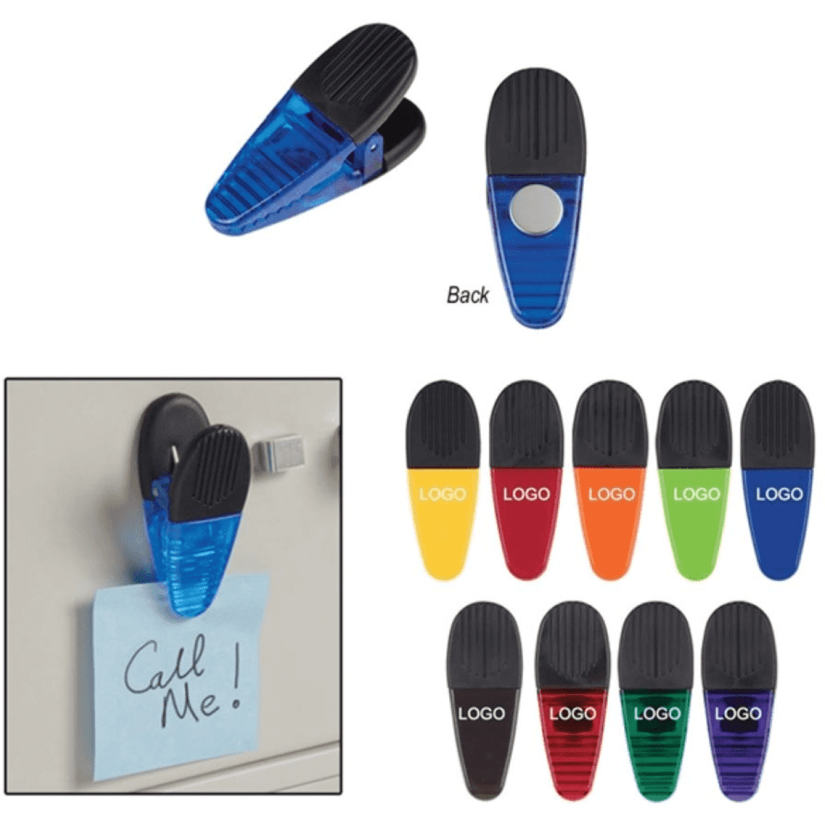 A magnetic memo clip in blue, featuring a black grip, along with various other coloured clips and a note.