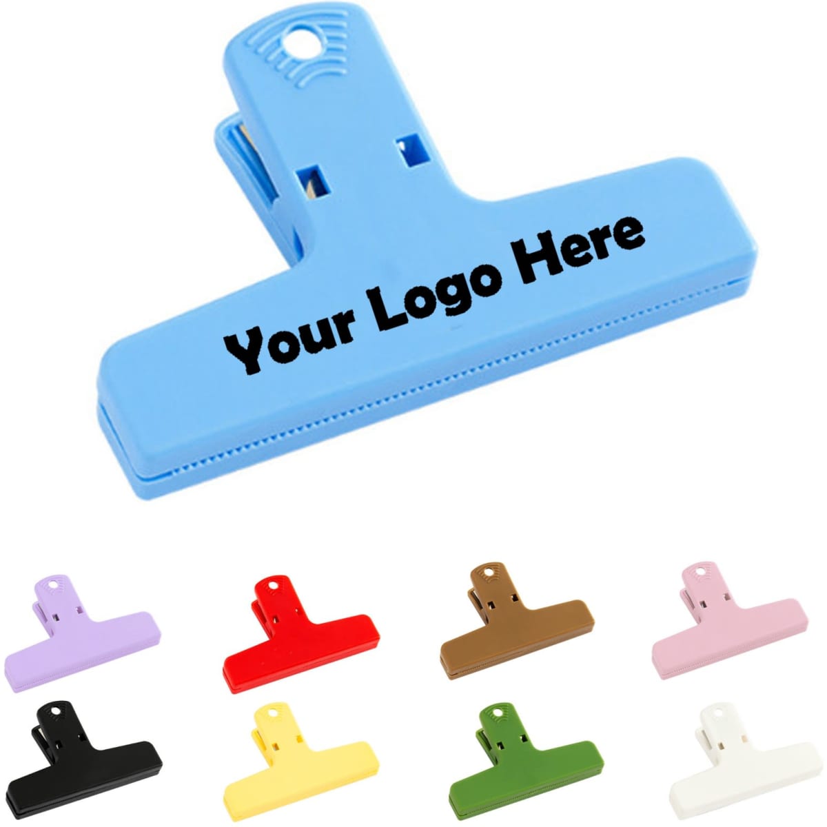 A blue chip clip with a logo area, accompanied by various clips in purple, black, red, pink, yellow, white, brown, and orange.
