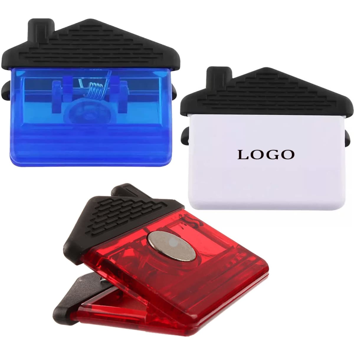 A set of house-shaped magnetic memo clips in blue, white, and red, featuring a logo on the white clip.