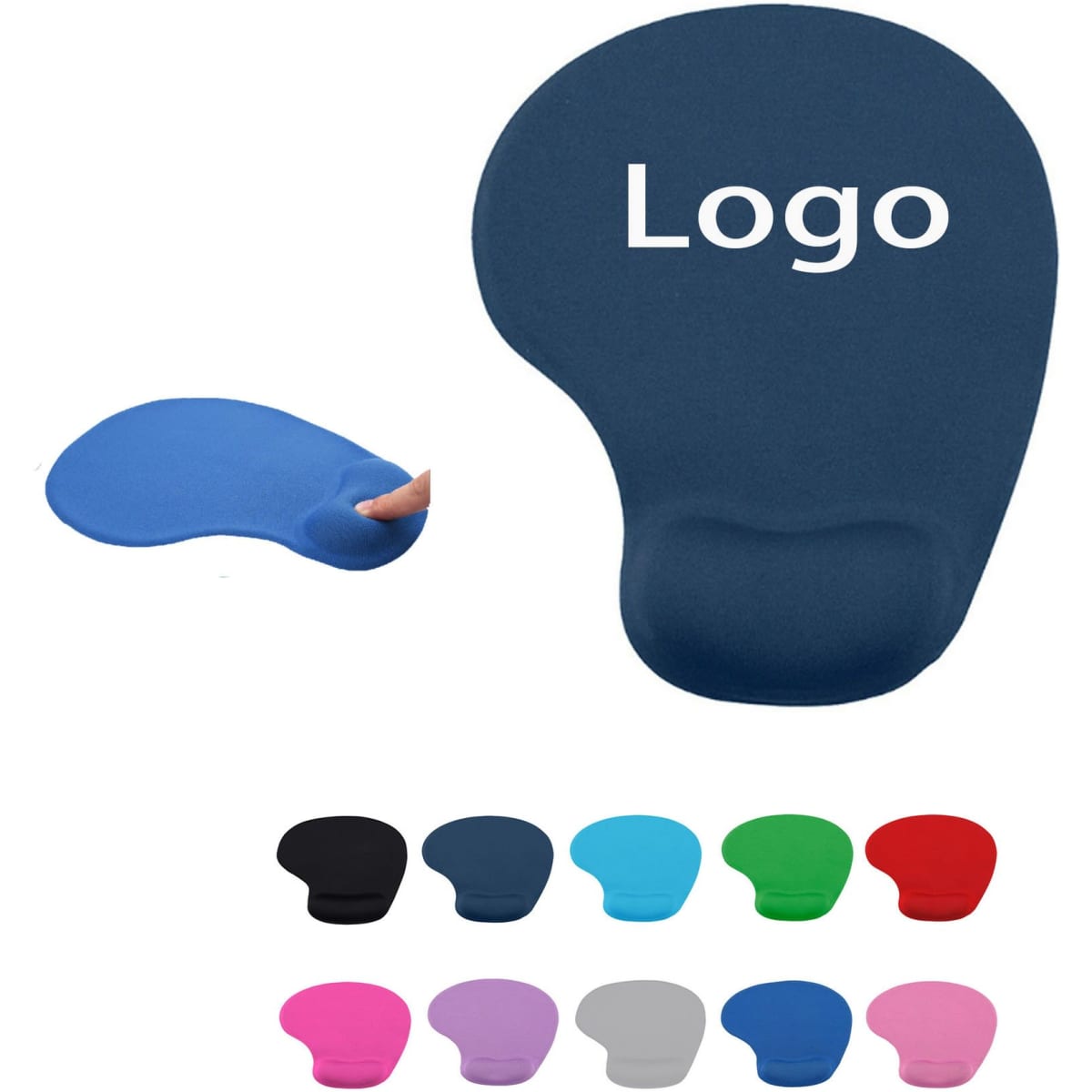A collection of mouse pads with wrist support in various colours including blue, black, green, and pink, featuring a logo.