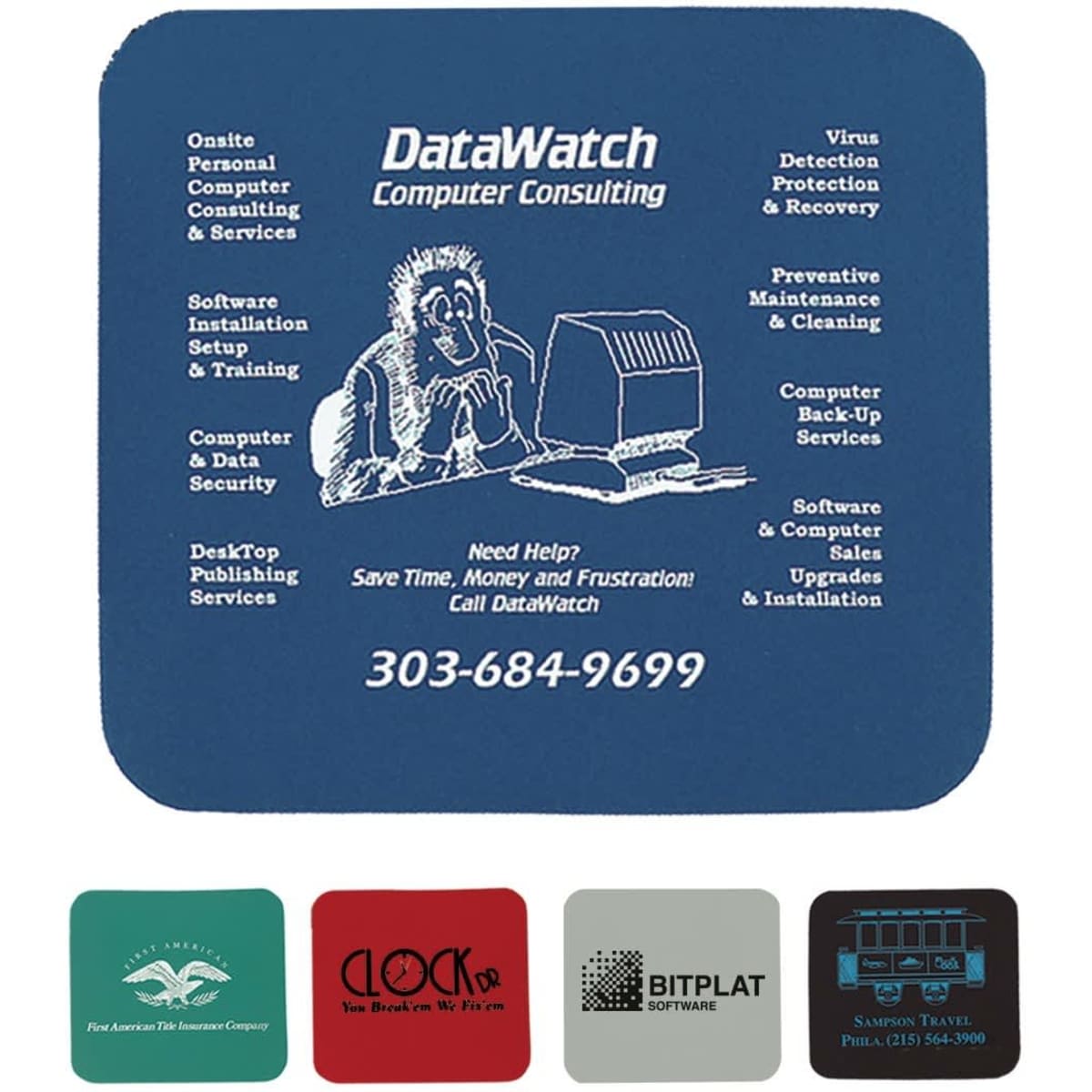 A blue mouse pad featuring a graphic of a monkey at a computer, with an accompanying logo and text.