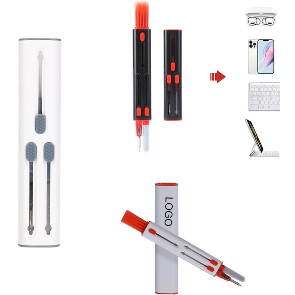 A 4-in-1 electronic cleaning kit with black, red, and white components, including brushes and tools. Contains branding.