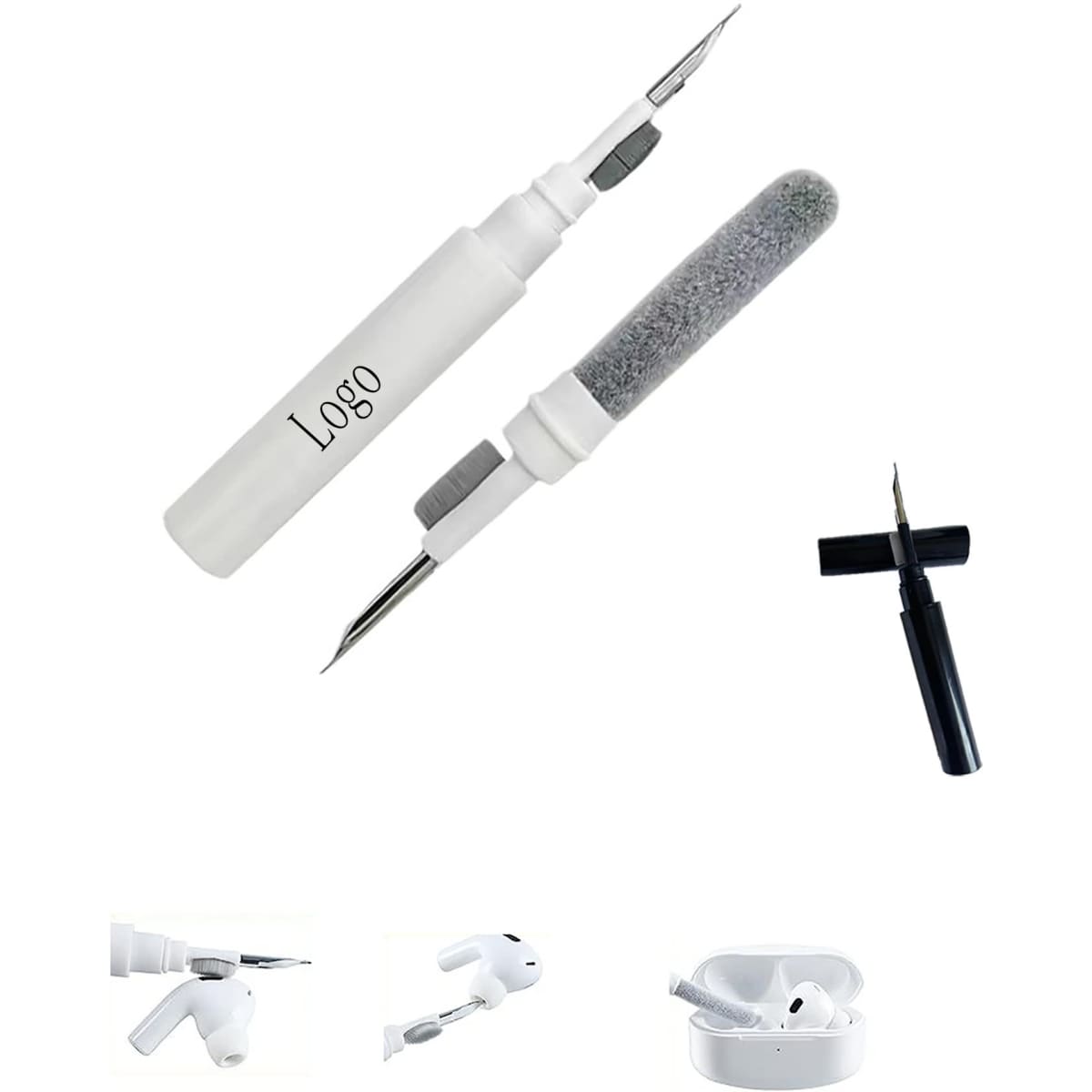 A 3 in 1 earphone cleaning kit featuring a white cleaning tool, a grey brush, and a black detail tool.