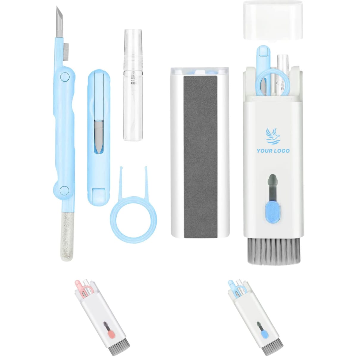 A set of electronic cleaning tools in blue and white, including various brushes, a spatula, and a spray bottle.