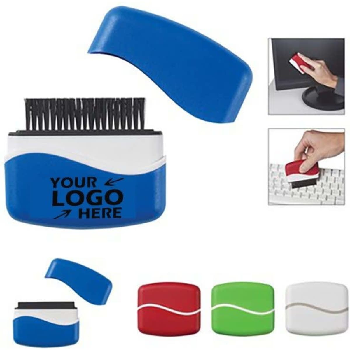 A blue and white sweeper/screen cleaner with a removable top, surrounded by images of the product in red, green, and black.