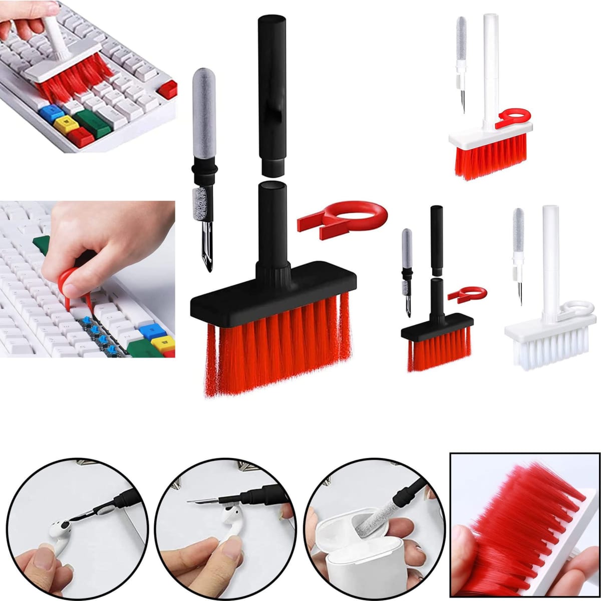 A cleaning set featuring a red brush, white tools, and a keycap puller designed for keyboard and earphone maintenance.