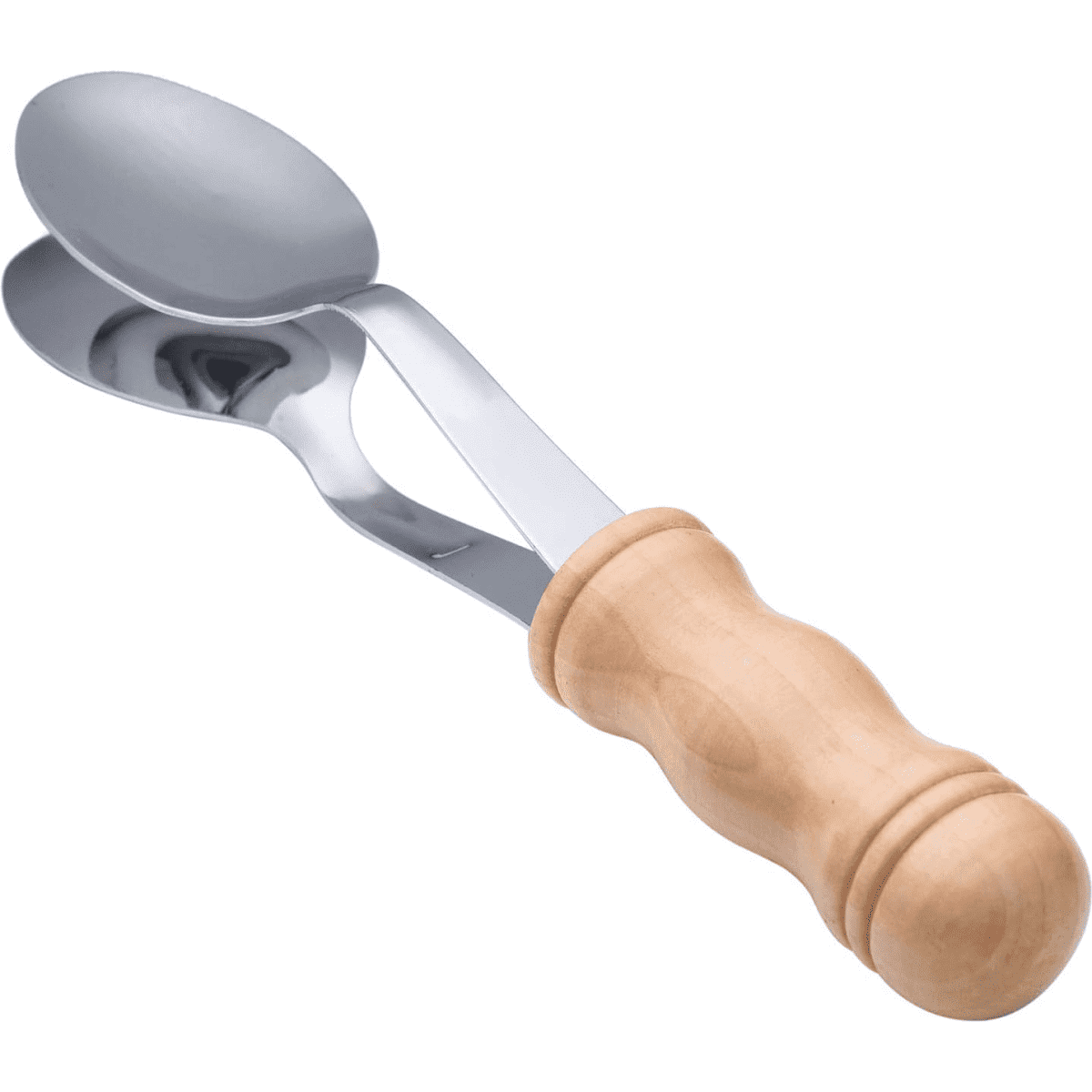 A silver musical spoon instrument with a wooden handle, designed as a novelty item for fun and games.
