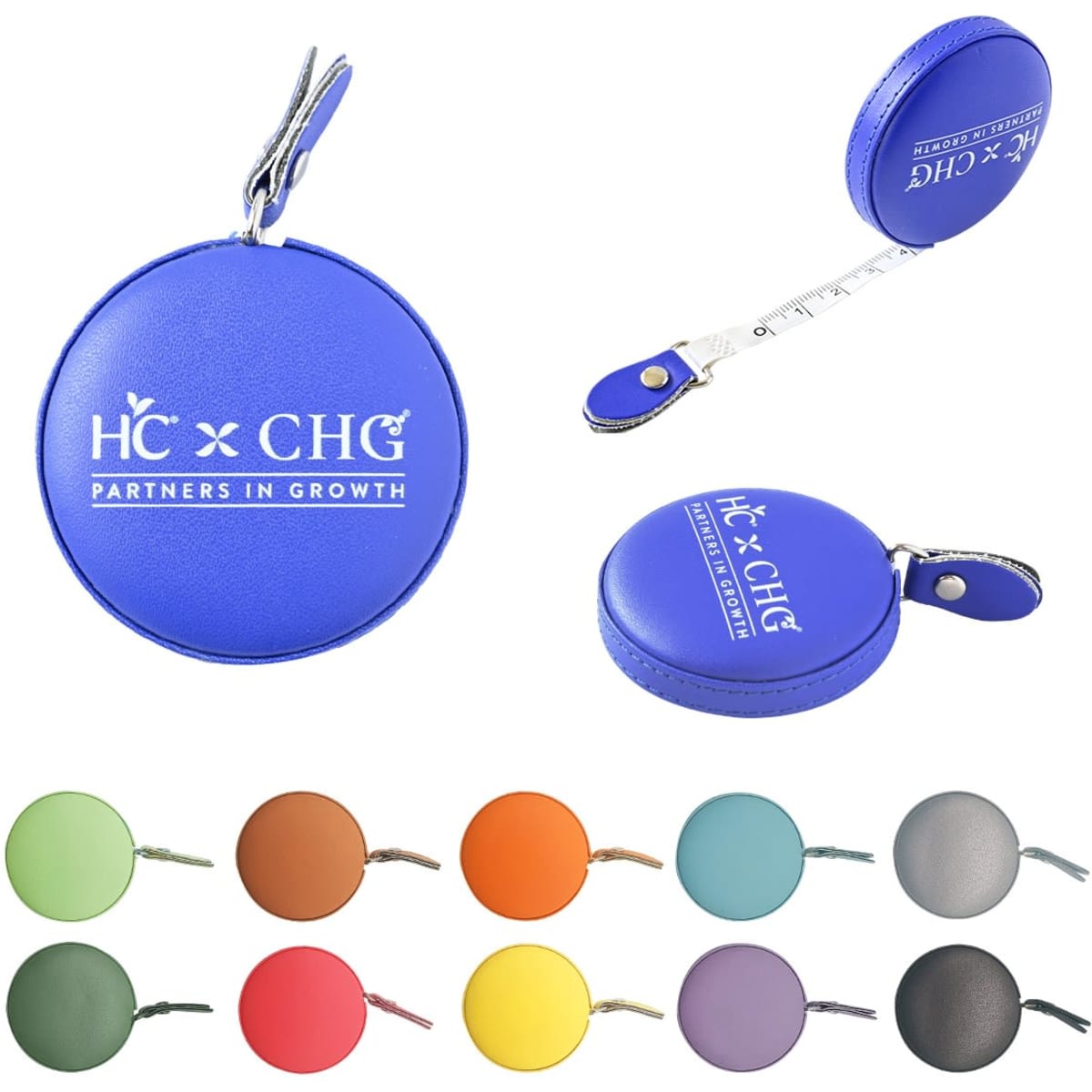 A purple PU leather mini tape measure with a keyring attachment, featuring a circular design and various colour options shown below.
