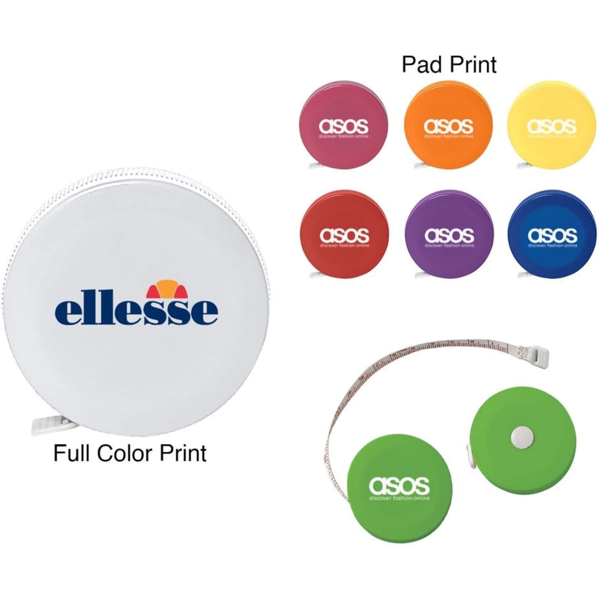 A 5' tape measure in various colours, including green, purple, yellow, and red, with branding on some.