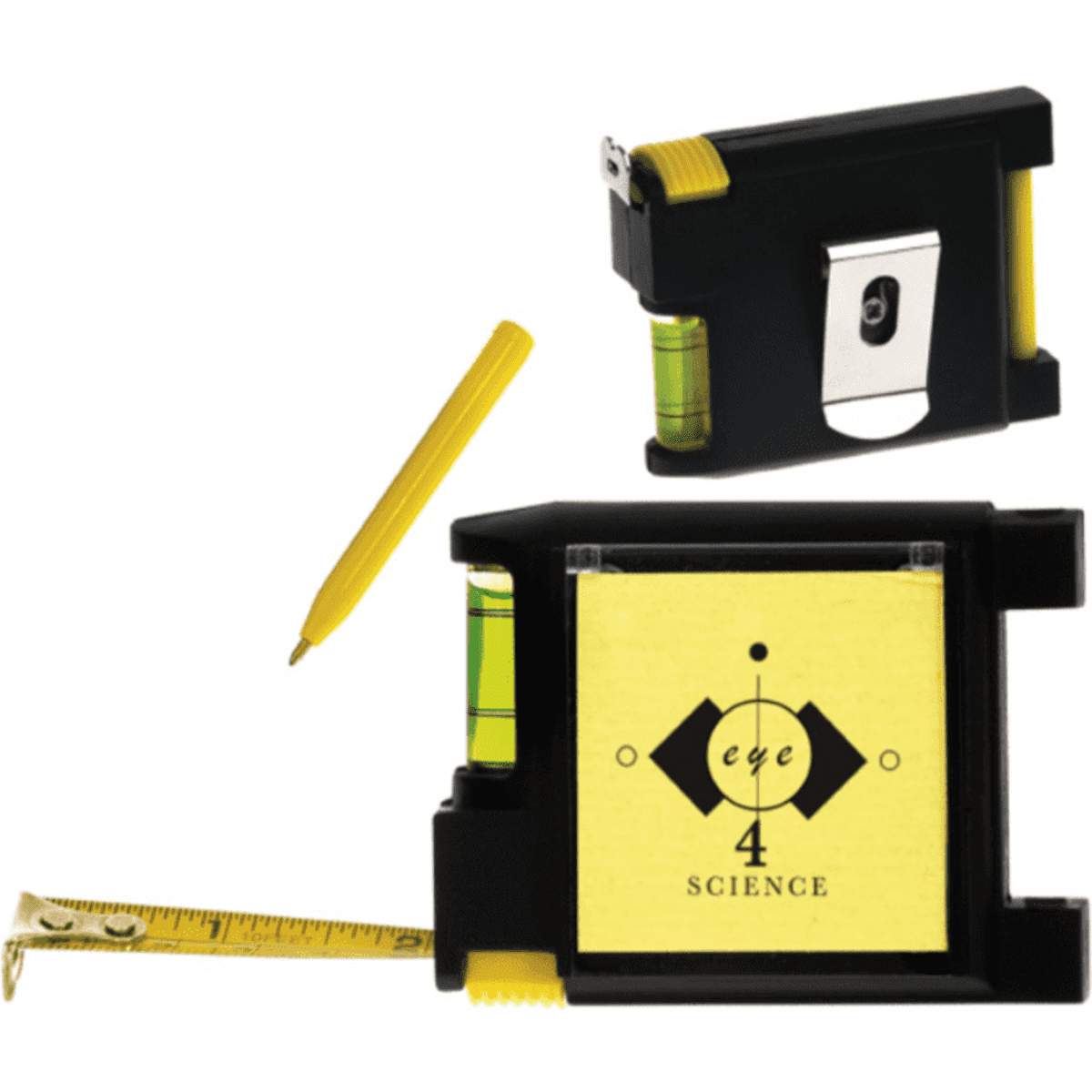A multi-purpose tape measure in black and yellow, featuring a built-in level and a pencil for marking measurements.