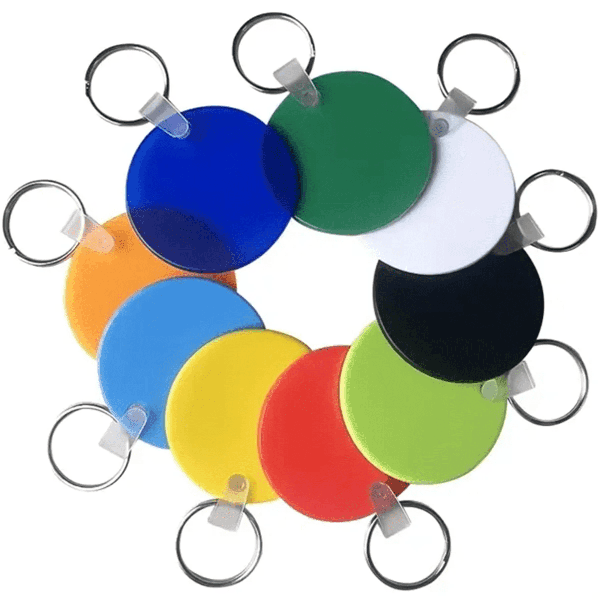 A collection of round key holders in blue, green, white, black, orange, yellow, and other bright colours, with key rings.