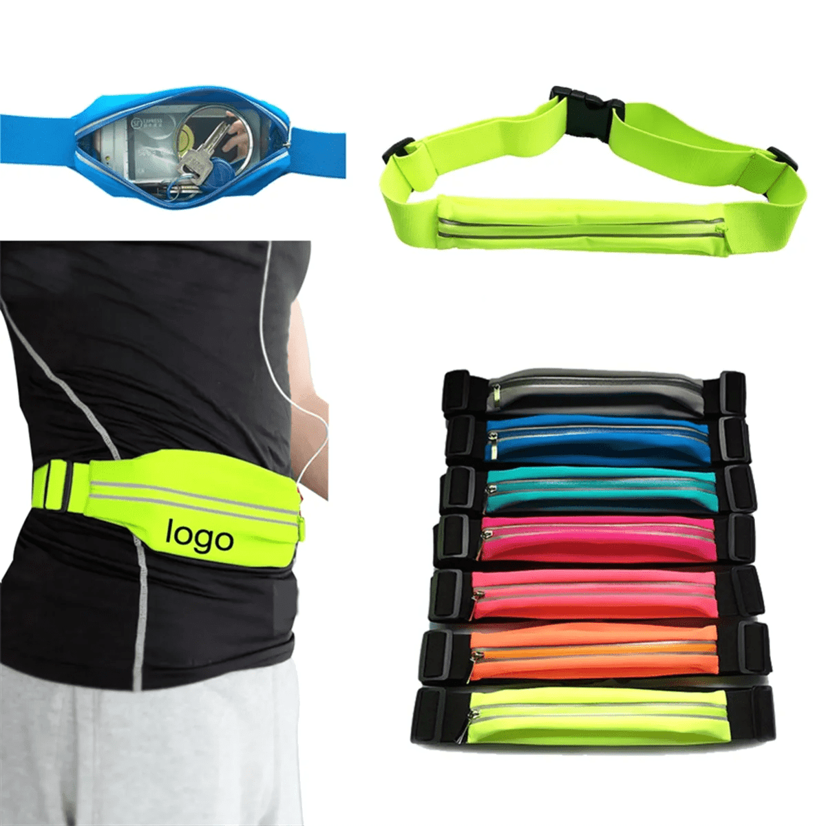 A collection of sports waist bags in neon colours, featuring a logo, with various styles and adjustable straps.