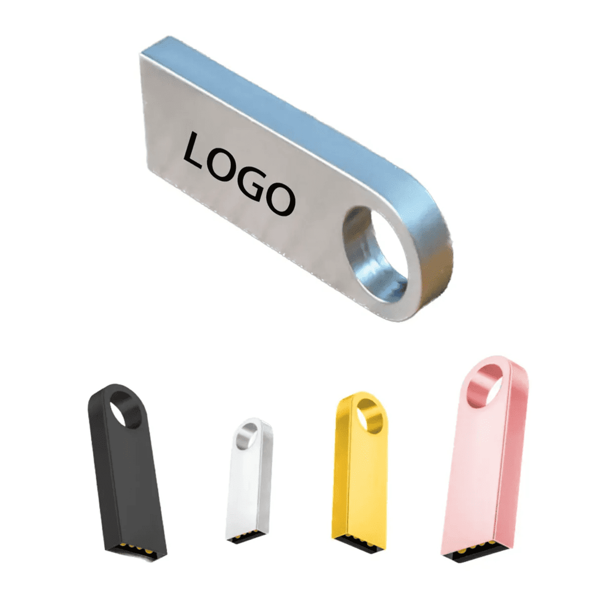 A USB flash drive featuring a sleek design in silver, black, white, gold, and pink colours, with a logo.