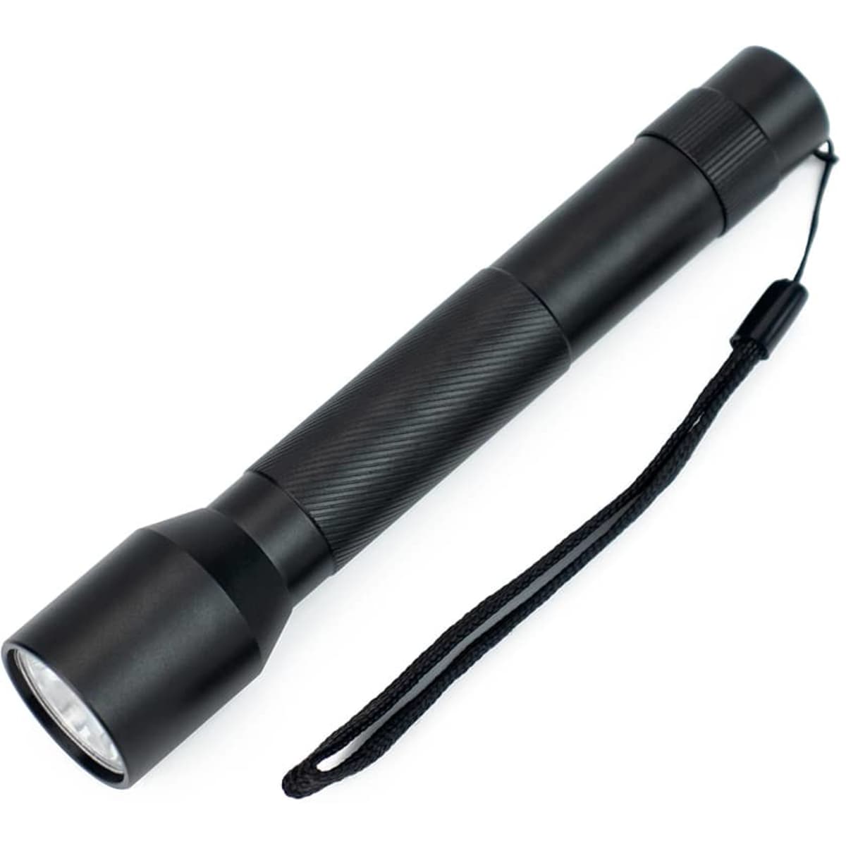 A black flashlight with a textured grip and a wrist strap, powered by 2 AA batteries.