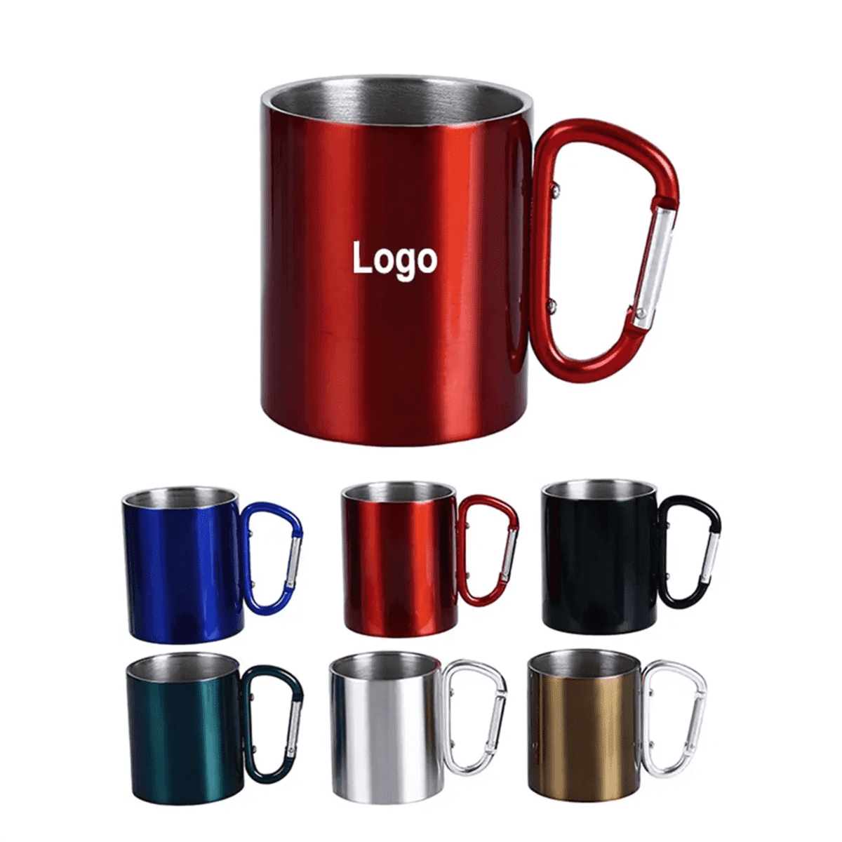 A camping mug with a carabiner handle in red, blue, black, silver, green, and gold finishes, featuring a logo.