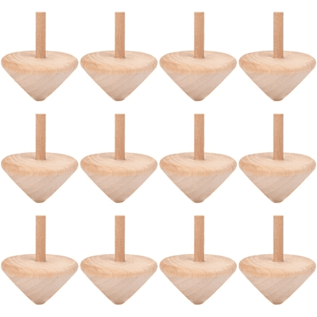 Twelve wooden spinning tops are arranged in two rows, featuring a natural wood finish and round bases with tapered handles.
