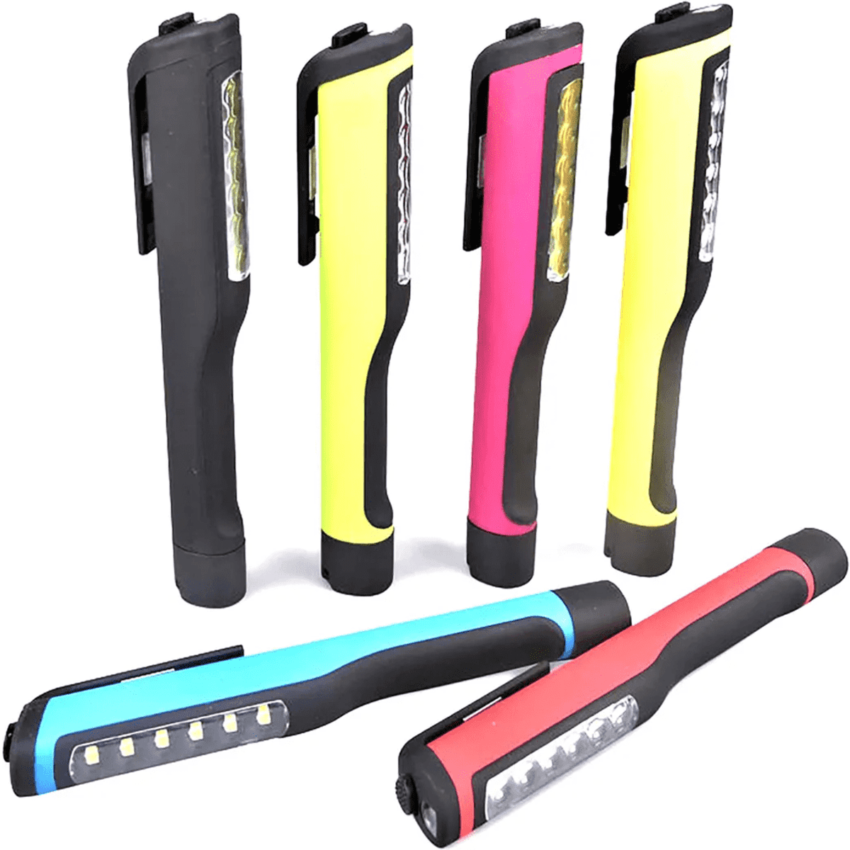 A collection of penlights with magnetic clips in black, yellow, pink, blue, and red, featuring LED lights.