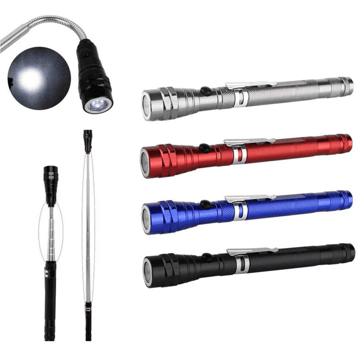 A telescopic flashlight with a magnet, available in red, blue, silver, and black, featuring flexible necks.