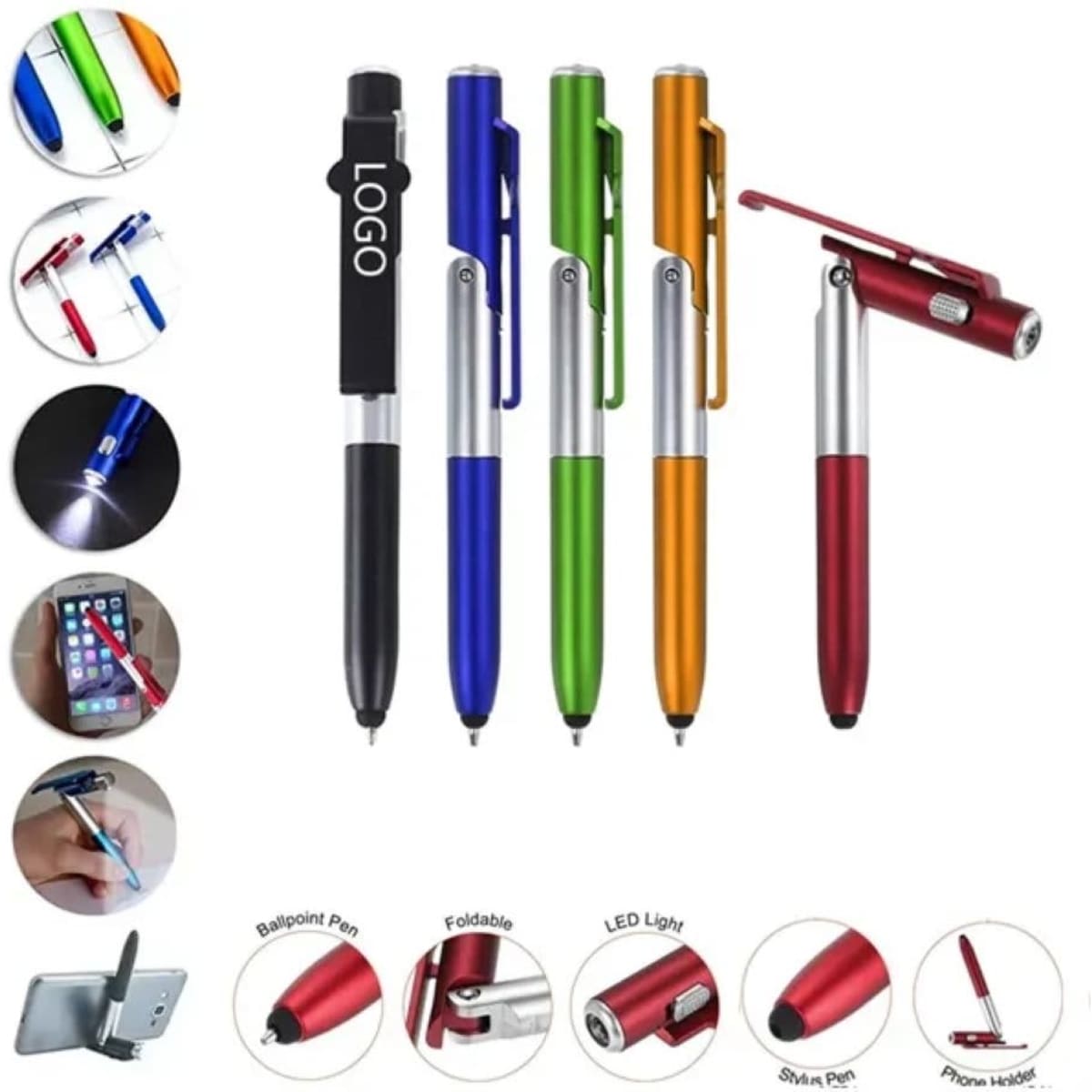 A set of five multi-functional ballpoint pens in blue, green, orange, red, and black, with LED lights and branding.