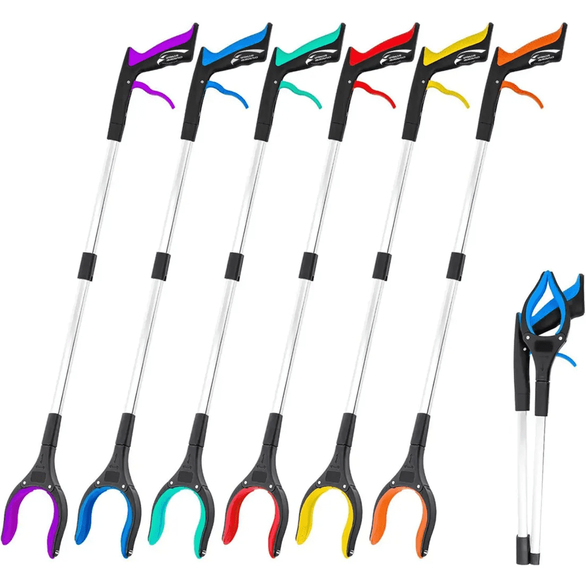 A set of foldable grabber pickup tools in various colours, with long silver handles and ergonomic grips.