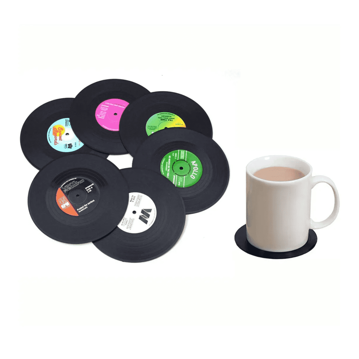 A drink bottle sits on a black vinyl record drink coaster, surrounded by more coasters in various colours.