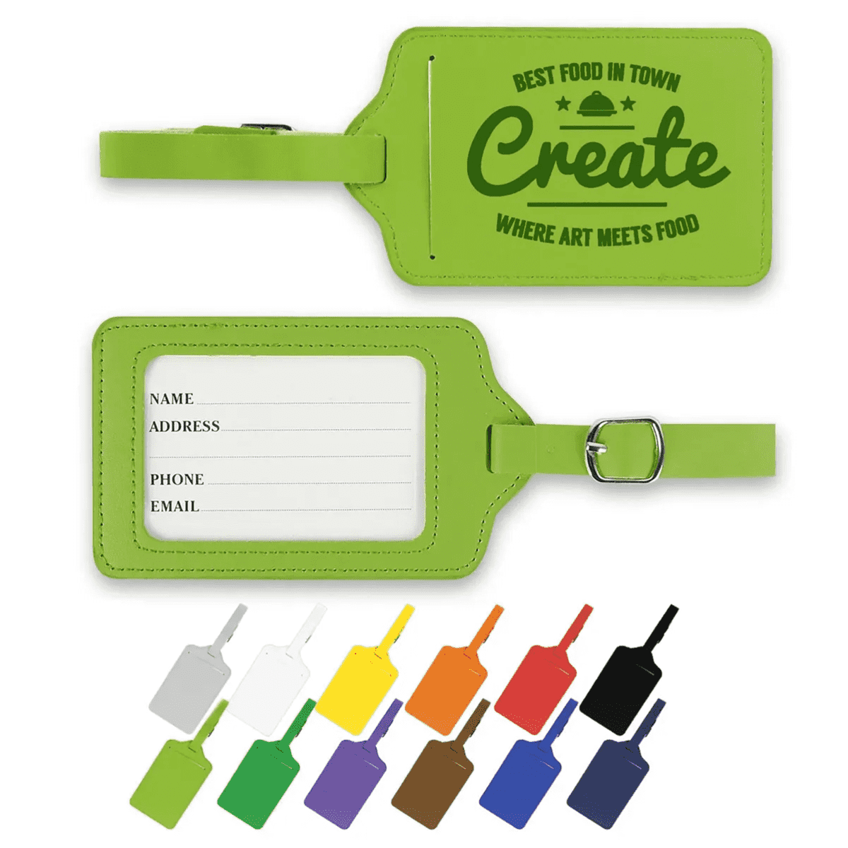 A green PU leather luggage tag with a buckle and a slide-in ID window. It includes a logo and features various colour options.