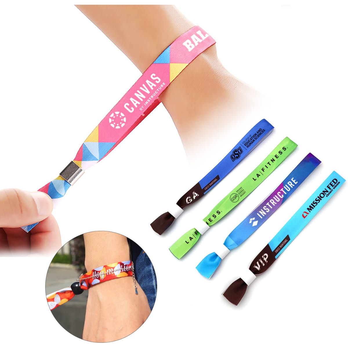 A selection of brightly coloured event wristbands in various designs and styles, featuring a logo on some bands.