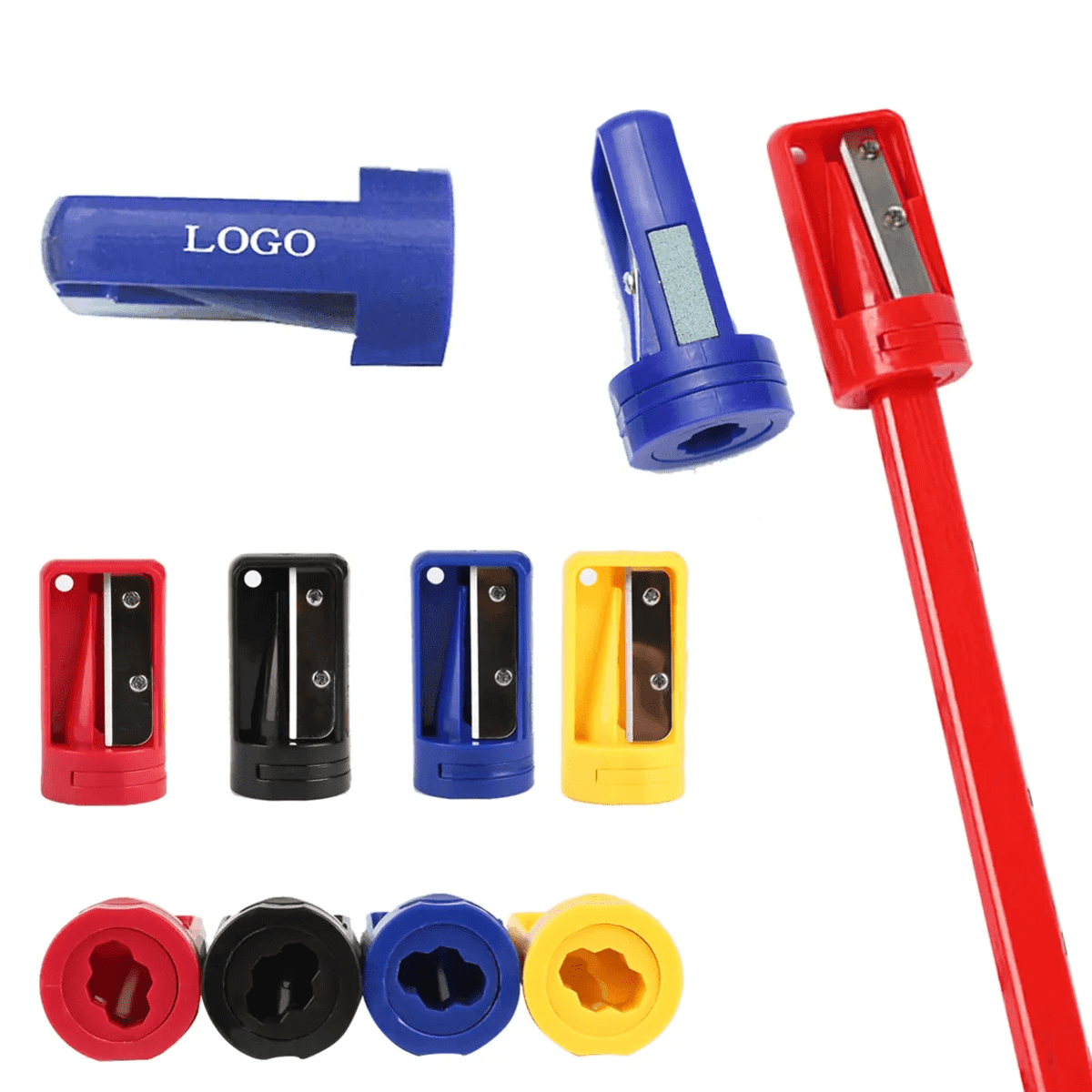 A carpenter pencil sharpener set featuring red, blue, black, yellow, and orange sharpeners, each with a logo.