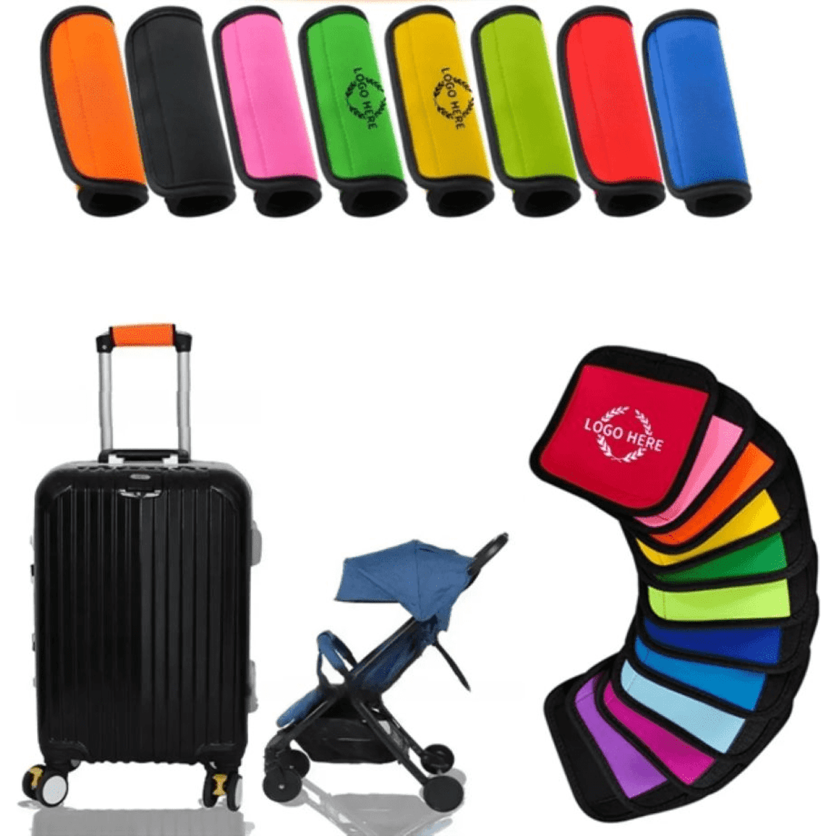 A variety of luggage handle wraps in black, pink, green, yellow, orange, and blue, alongside a black suitcase and a stroller.