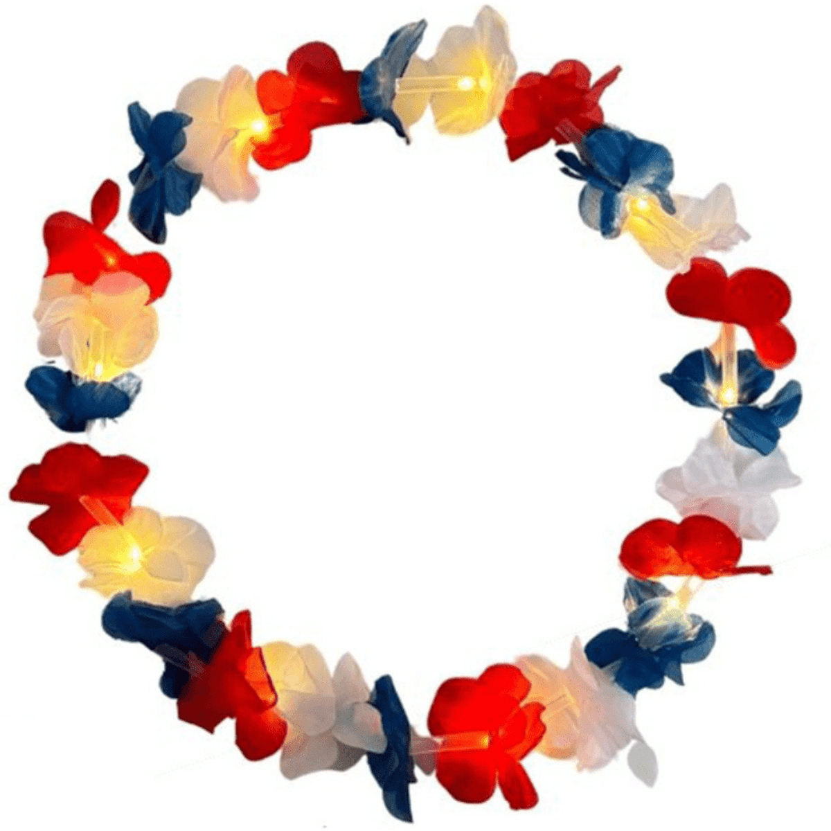 A circular lei decorated with red, white, and blue flowers, featuring integrated lights for illumination.