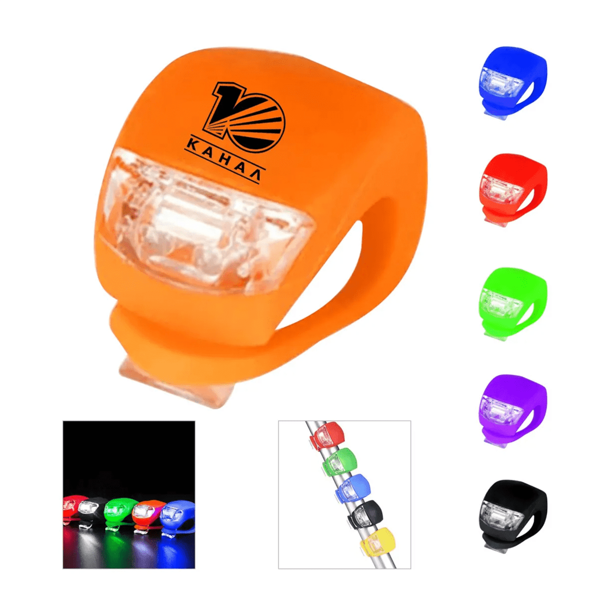 A silicone LED bike light in orange, featuring various colours available, and a logo on the front.