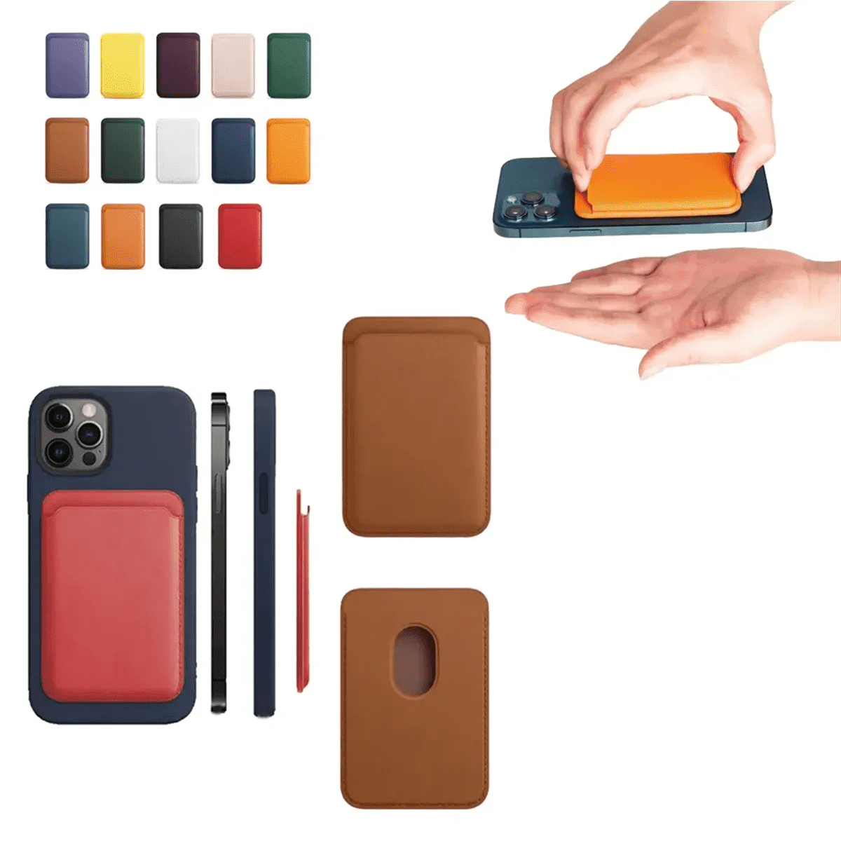 A magnetic card wallet holder in various colours, displayed next to smartphones and being placed on a phone.