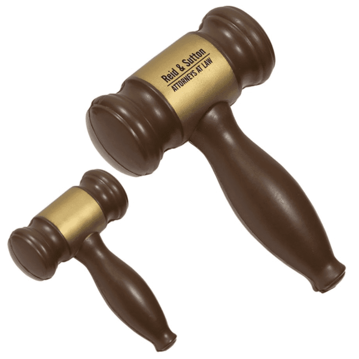 A brown gavel stress reliever with a gold band featuring a logo or branding on its side.
