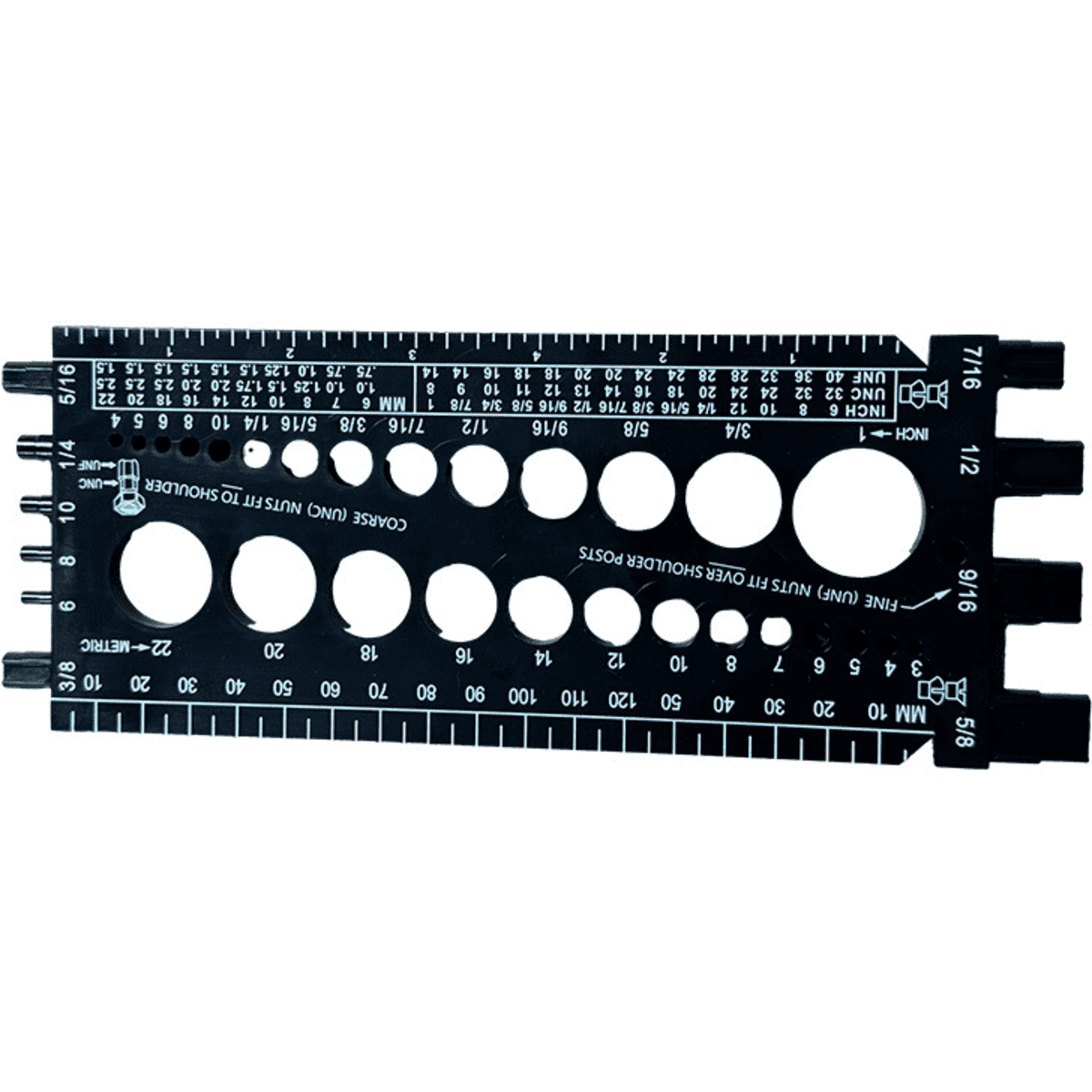 A black size gauge featuring various holes for measuring nut, bolt, and screw sizes, with a branding logo.