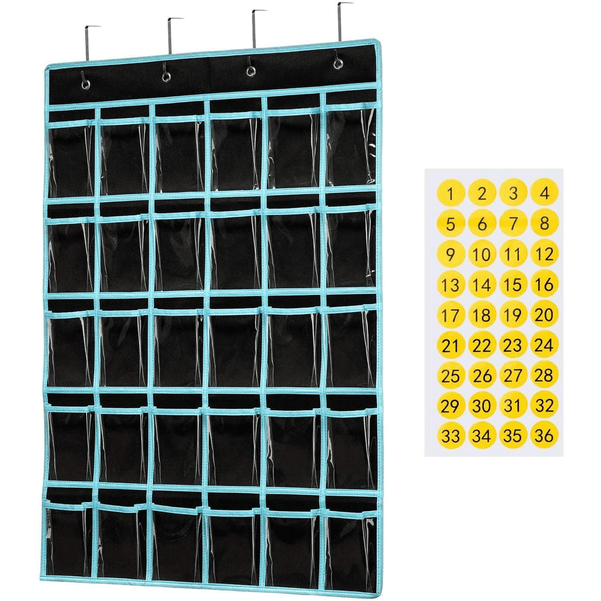 A black wall chart organiser with turquoise trim featuring 30 pockets, accompanied by a sheet of yellow number stickers.